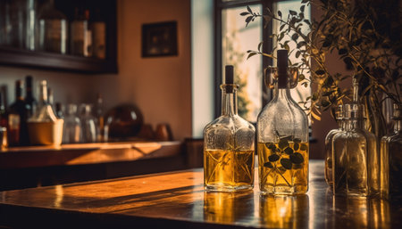 Luxury alcohol bottle on wooden table with wine glass reflection generated by artificial intelligenceの素材