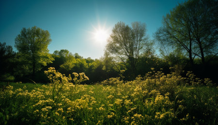 Idyllic meadow blossoms with vibrant wildflowers under clear skies generated by artificial intelligenceの素材