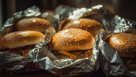 Cheeseburger meal with grilled beef, cheddar, and sesame bun stack generated by artificial intelligenceの素材