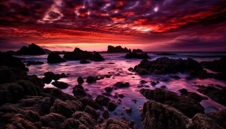Silhouette of rock cliff at waters edge, dramatic sunset sky generated by artificial intelligenceの素材