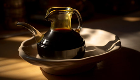 Healthy drink in ceramic jug on wooden table with olive oil generated by artificial intelligenceの素材