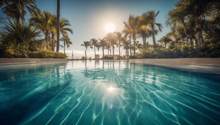 Tropical palm tree by blue pool, reflecting idyllic sunset beauty generated by artificial intelligenceの素材