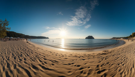 Tranquil scene at waters edge, idyllic sunset over coastline generated by artificial intelligenceの素材