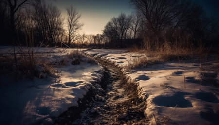 Tranquil winter landscape forest, snow, sunset, beauty in nature generated by artificial intelligenceの素材