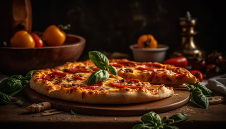 Freshly baked rustic pizza with mozzarella, tomato, and herbs generated by artificial intelligenceの素材