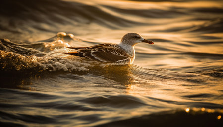 Seagull flying over rippled waters at sunset, a tranquil scene generated by artificial intelligenceの素材
