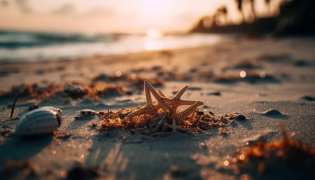 Sunset over tropical coastline, starfish and seashells decorate waters edge generated by artificial intelligenceの素材