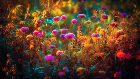 Vibrant wildflowers bloom in meadow, showcasing nature beauty outdoors generated by artificial intelligenceの素材