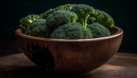 Fresh organic vegetable salad with ripe broccoli on rustic wood table generated by artificial intelligenceの素材