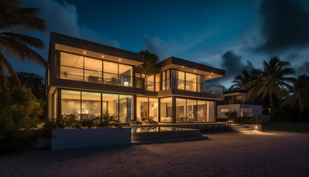 Luxury apartment building illuminated by blue twilight in Miami generated by artificial intelligenceの素材
