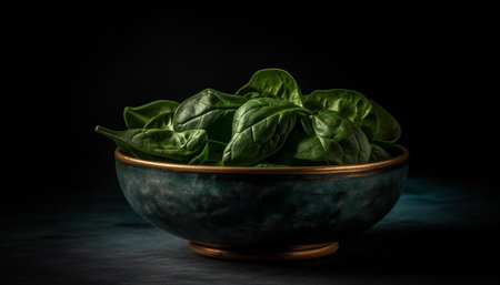 Healthy vegetarian salad with fresh organic herbs on rustic wood table generated by artificial intelligenceの素材