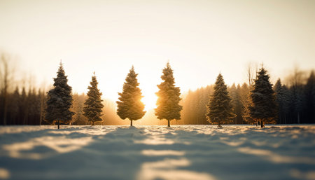 Tranquil winter landscape Pine trees, sunset, snow, and frost generated by artificial intelligenceの素材
