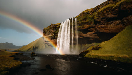 Majestic mountain range showcases beauty in nature with flowing water generated by artificial intelligenceの素材