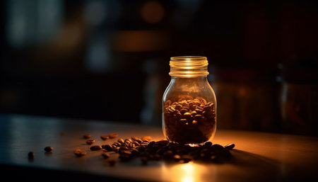 Fresh dark coffee bean spilling from shiny container on wooden table generated by artificial intelligenceの素材