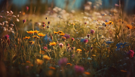 Vibrant wildflower meadow in rural landscape at sunrise, close up beauty generated by artificial intelligenceの素材
