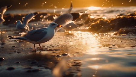 Seagull flying over water at sunset, freedom in nature beauty generated by artificial intelligenceの素材