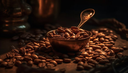 Organic coffee bean heap on rustic burlap table, scented freshness generated by artificial intelligenceの素材
