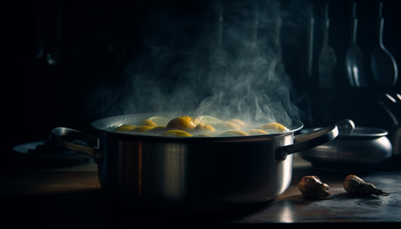 Healthy vegetarian stew cooked on rustic stove with fresh vegetables generated by artificial intelligenceの素材