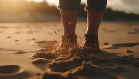 Barefoot woman walking on the wet sand at sunset by water generated by artificial intelligenceの素材