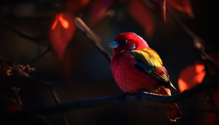 Vibrant bird perching on branch, surrounded by colorful nature generated by artificial intelligenceの素材