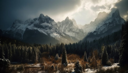 Majestic mountain range, panoramic landscape, tranquil meadow, adventurous hiking generated by artificial intelligenceの素材