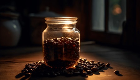 Fresh coffee bean jar on rustic table with single cup generated by artificial intelligenceの素材