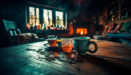 Rustic coffee shop interior with hot drinks and comfortable atmosphere generated by artificial intelligenceの素材