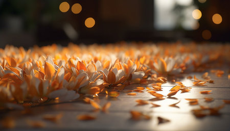 Vibrant yellow leaf decoration on wood table, celebrating autumn outdoors generated by artificial intelligenceの素材