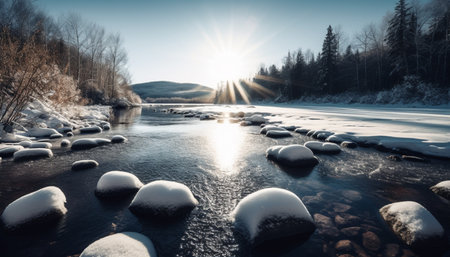 Tranquil winter landscape frozen mountain range reflects beauty in nature generated by artificial intelligenceの素材