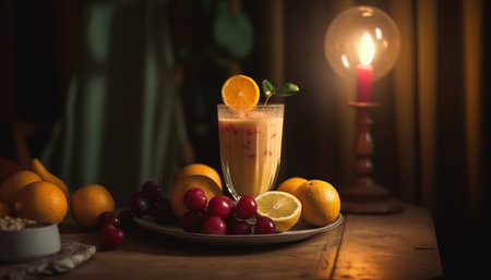 Organic fruit cocktail, refreshing drink on rustic wooden table generated by artificial intelligenceの素材