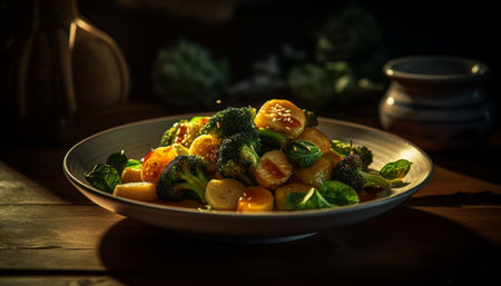 Fresh organic vegetarian meal with broccoli, tomato, and asparagus salad generated by artificial intelligenceの素材