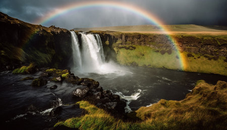 Nature majestic beauty in multi colored spectrum, flowing water and tranquil landscape generated by artificial intelligenceの素材