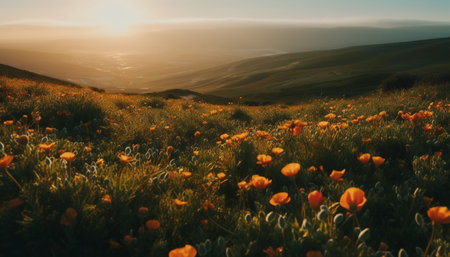 Vibrant wildflowers bloom in tranquil meadow under summer sunset sky generated by artificial intelligenceの素材