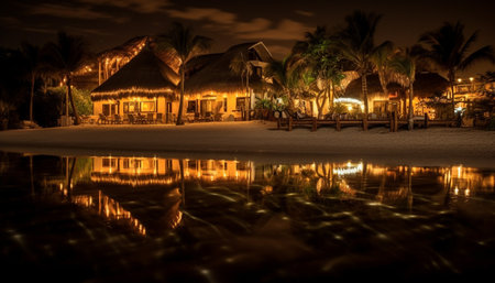 Tropical twilight, tranquil scene, illuminated bungalow, palm tree reflection generated by artificial intelligenceの素材