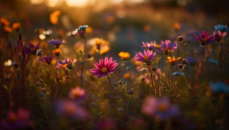 Vibrant wildflower meadow in non urban landscape at sunset generated by artificial intelligenceの素材