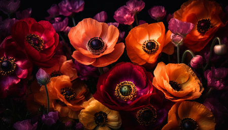Vibrant bouquet of multi colored flowers, a celebration of nature beauty generated by artificial intelligenceの素材