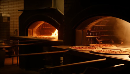 Burning wood fuels the brick oven for fresh gourmet pizza generated by artificial intelligenceの素材
