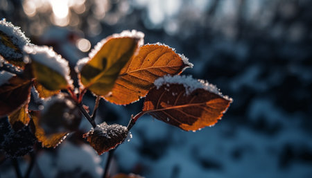 Vibrant autumn foliage on frosty maple tree in winter forest generated by artificial intelligenceの素材