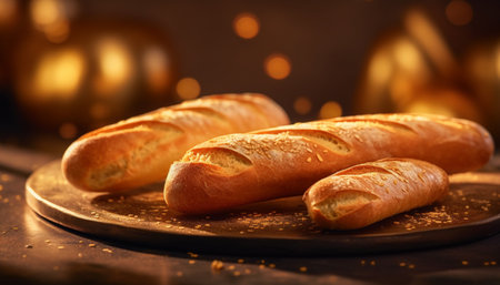 Freshly baked bread on rustic table, homemade and healthy meal generated by artificial intelligenceの素材
