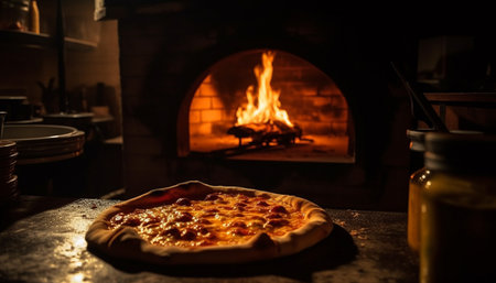 Rustic homemade pizza baked in wood burning stove indoors generated by artificial intelligenceの素材