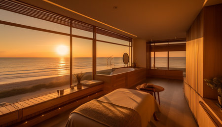 Luxury bedroom with modern design, comfortable bed, and sunset view generated by artificial intelligenceの素材