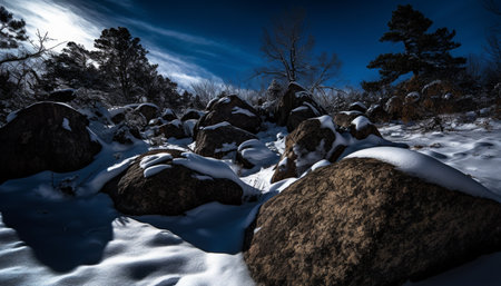 Majestic mountain range, tranquil winter landscape, frozen water, icy beauty generated by artificial intelligenceの素材