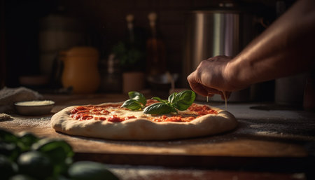 Handmade rustic pizza baked in wood fired oven with fresh ingredients generated by artificial intelligenceの素材