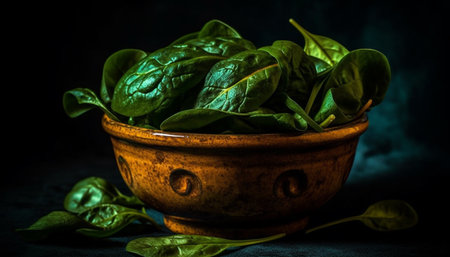 Fresh organic salad bowl with green leaf vegetable and herbs generated by artificial intelligenceの素材