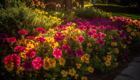 Vibrant multi colored flowers blossom in nature formal garden generated by artificial intelligenceの素材