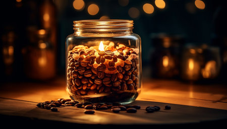 Rustic coffee shop table with glowing hot mocha and saucer generated by artificial intelligenceの素材