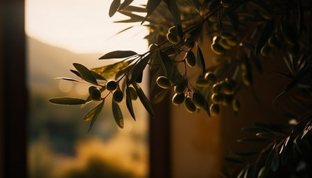 Fresh green olives on twig, symbol of Mediterranean agriculture generated by artificial intelligenceの素材
