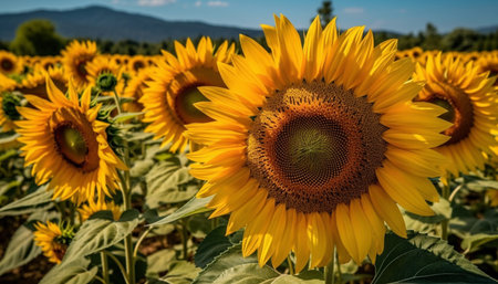 Vibrant sunflower meadow, organic beauty in nature, idyllic rural scene generated by artificial intelligenceの素材