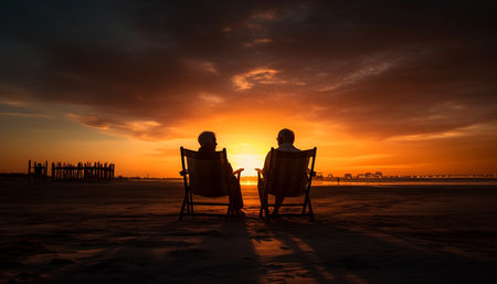 Sunset romance two people sitting, backlit, enjoying nature tranquility generated by artificial intelligenceの素材