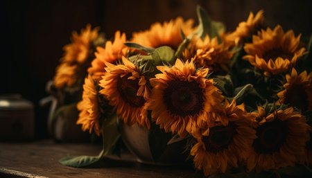 Rustic bouquet of sunflowers and chrysanthemums on wooden table generated by artificial intelligenceの素材